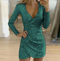 Women Sequined Solid Color V-Neck Long Sleeve Irregular Pencil Short Dress Kia Day Design