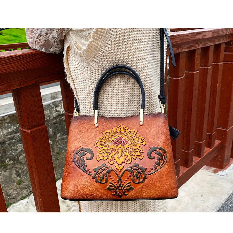 Traditional Chinese Style Durable Genuine Leather Tote Bag Real Leather Women Bags Kia Day Design