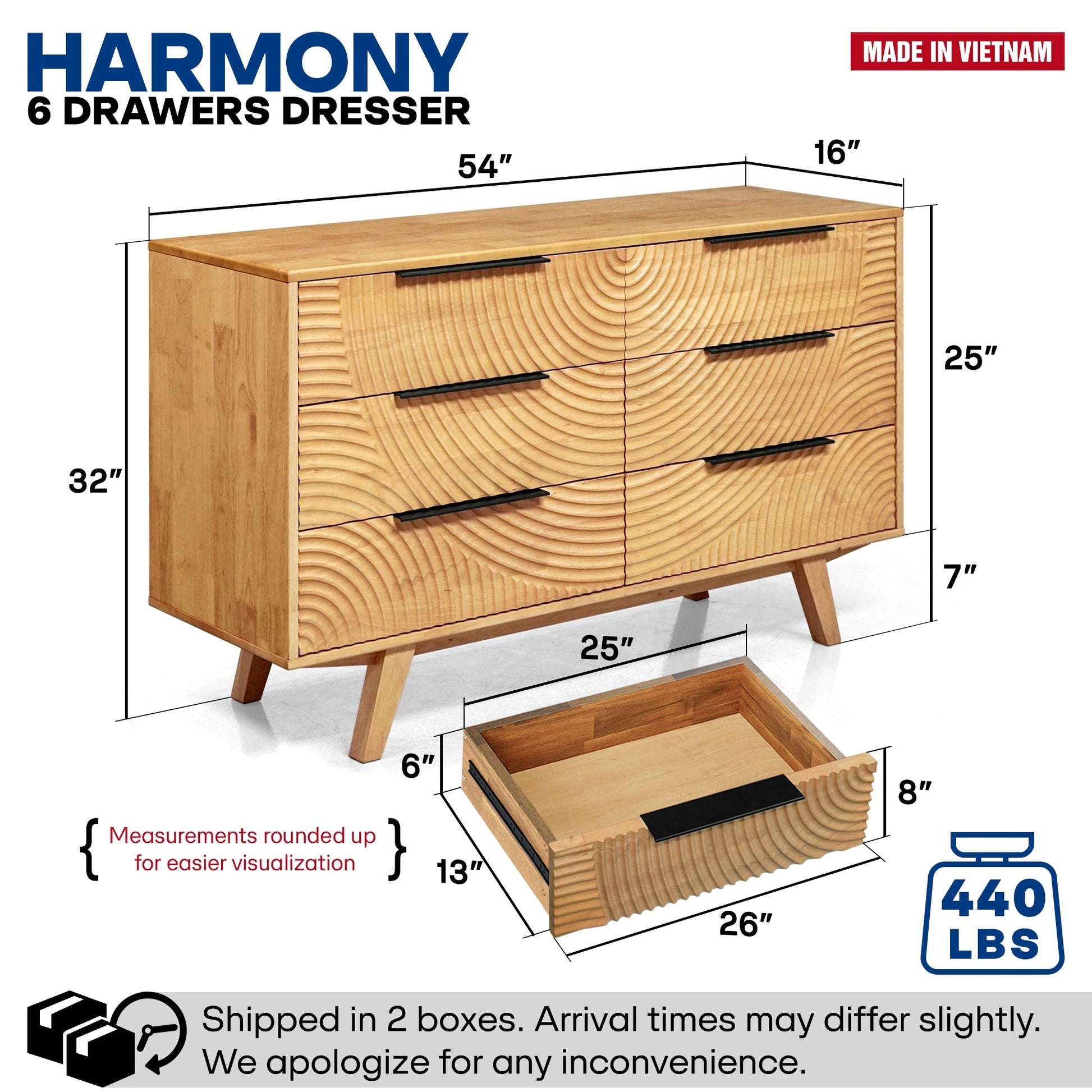 Harmony Solid Wood Dresser with 6 Drawers - - Dresser