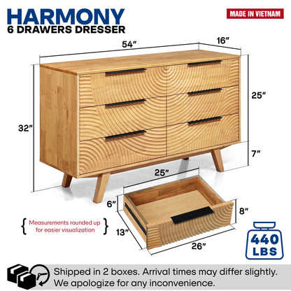Harmony Solid Wood Dresser with 6 Drawers - - Dresser