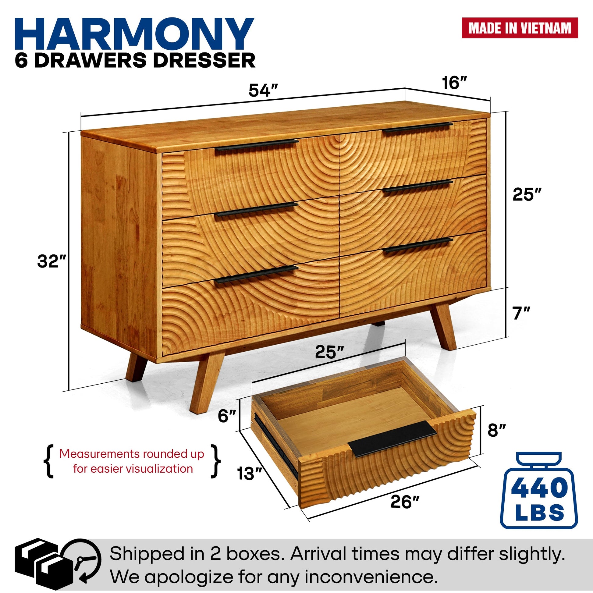 Harmony Solid Wood Dresser with 6 Drawers - - Dresser