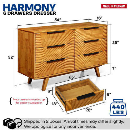 Harmony Solid Wood Dresser with 6 Drawers - - Dresser