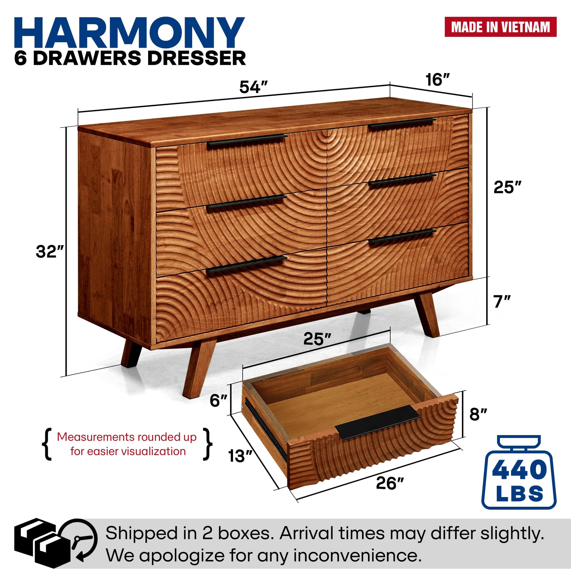 Harmony Solid Wood Dresser with 6 Drawers - - Dresser