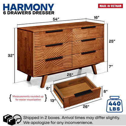 Harmony Solid Wood Dresser with 6 Drawers - - Dresser