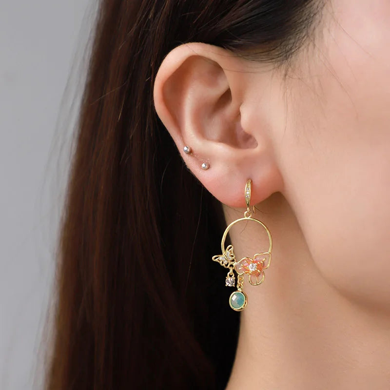 Women Copper Real Gold-Plated Pink Enamel Flower Earrings Kia Day Design