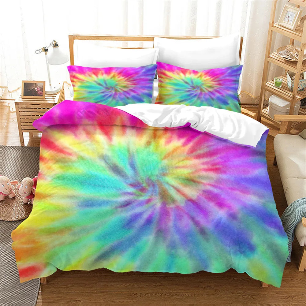 3pcs Tie Dyed Quilt Cover Set With Zipper green yellow