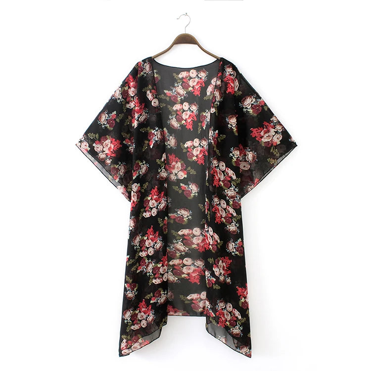 Woman Blouse Floral Print Chiffon Kimono Robe Long Kia Day Design