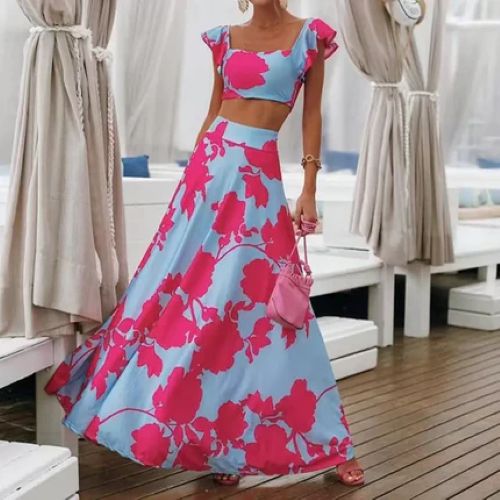 Floral Sleeveless Dress Two-Piece Set - red blue - dress