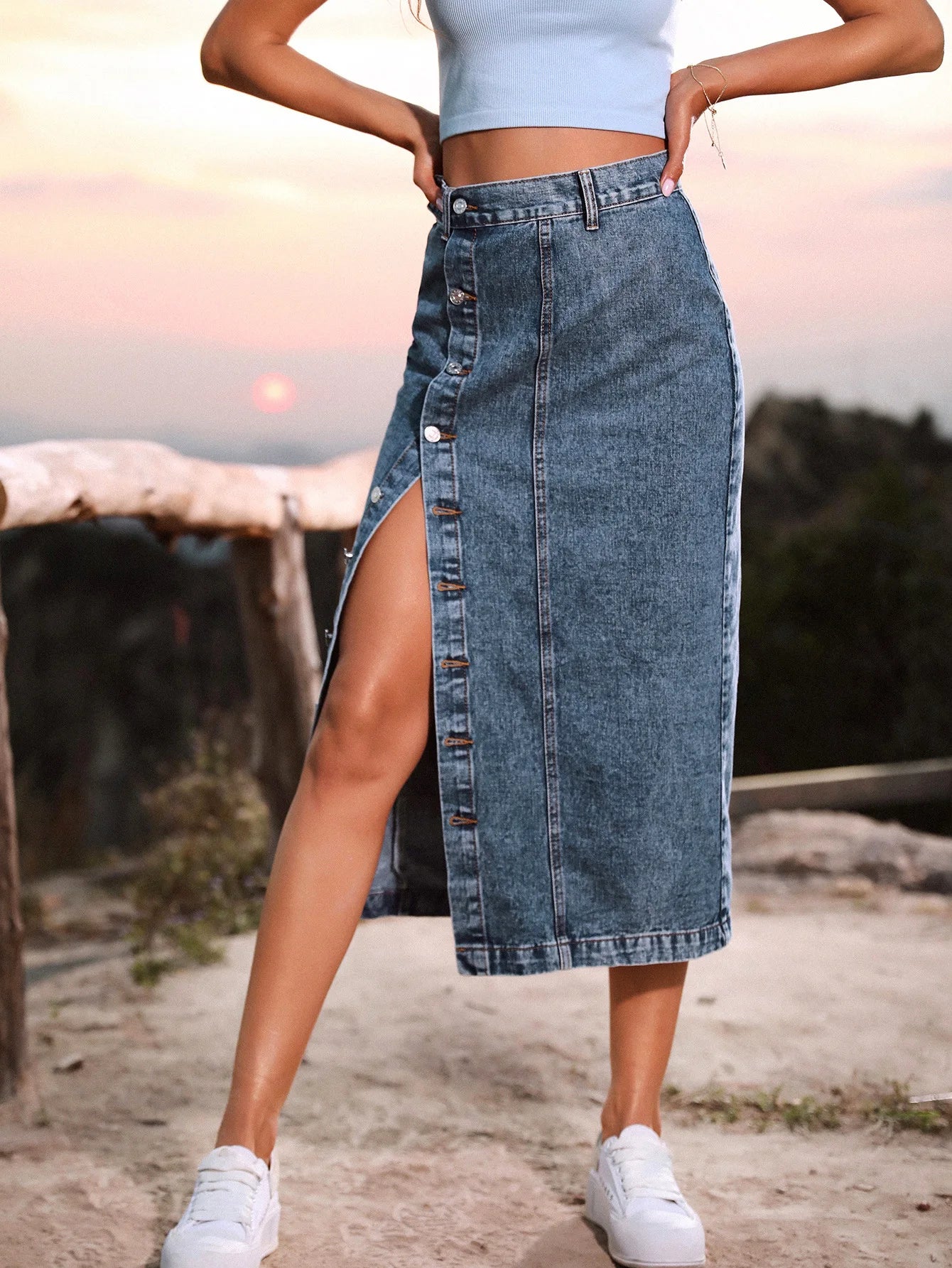 Ladies Split Button Casual Washed Jean Midi Denim Skirt Kia Day Design