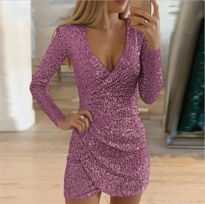 Women Sequined Solid Color V-Neck Long Sleeve Irregular Pencil Short Dress Kia Day Design