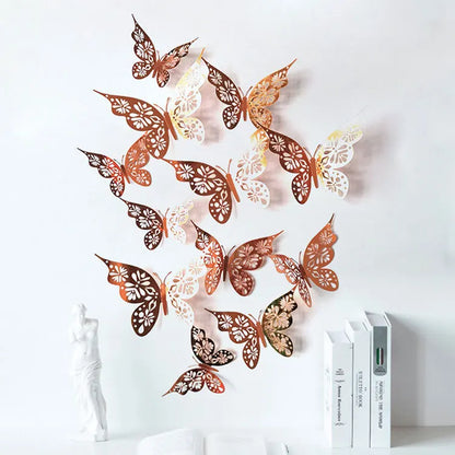 12pcs set 3D Hollow Butterflies Wall Stickers rose gold