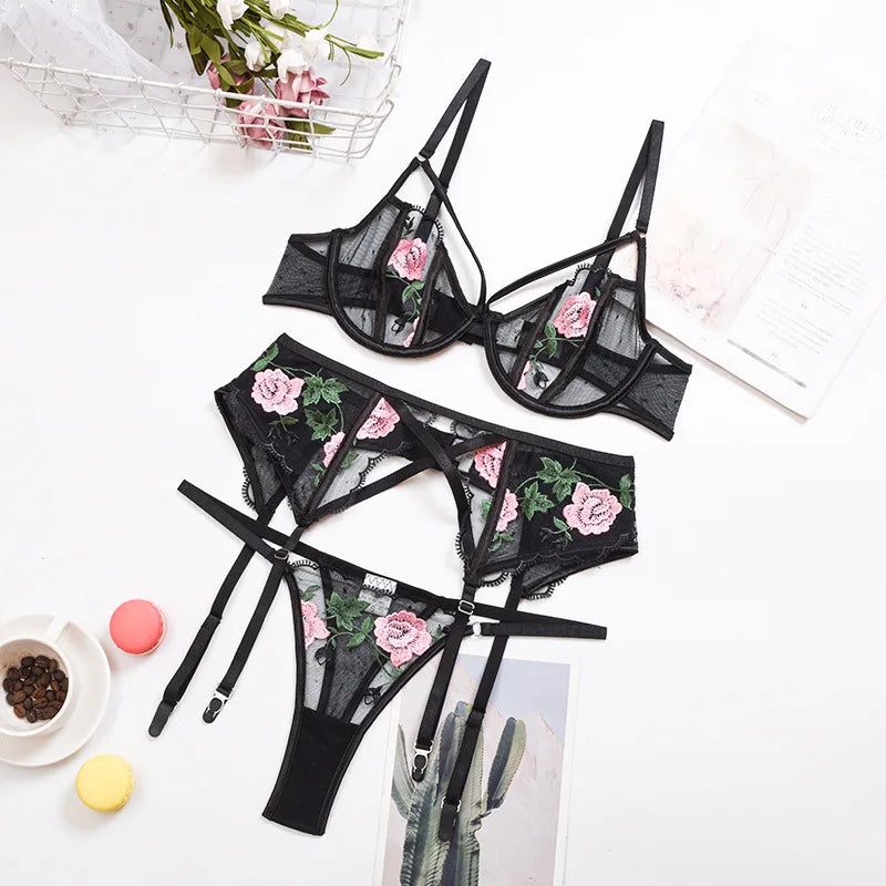 3 Color Micro Bandage Women Lace Floral 3 Piece Lingerie Garter Bra Panty Set Kia Day Design