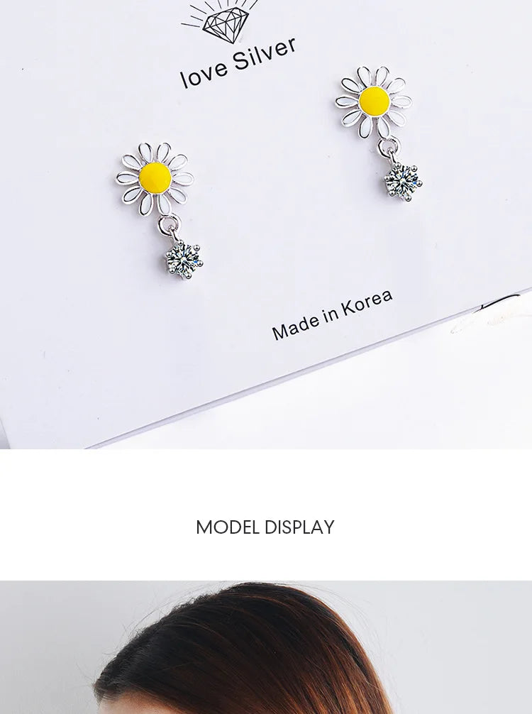 Yellow and White Daisy Dangle Earrings Zircon Dangle Enamel Flower Kia Day Design