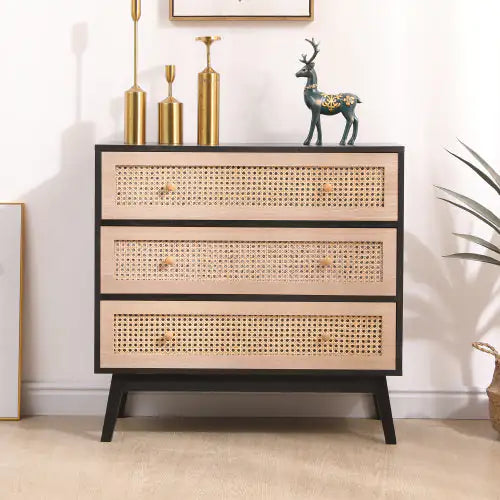 Black Panel 3-Drawer Rattan Storage Cabinet - Kia Day Design