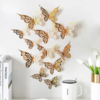 12pcs set 3D Hollow Butterflies Wall Stickers light gold