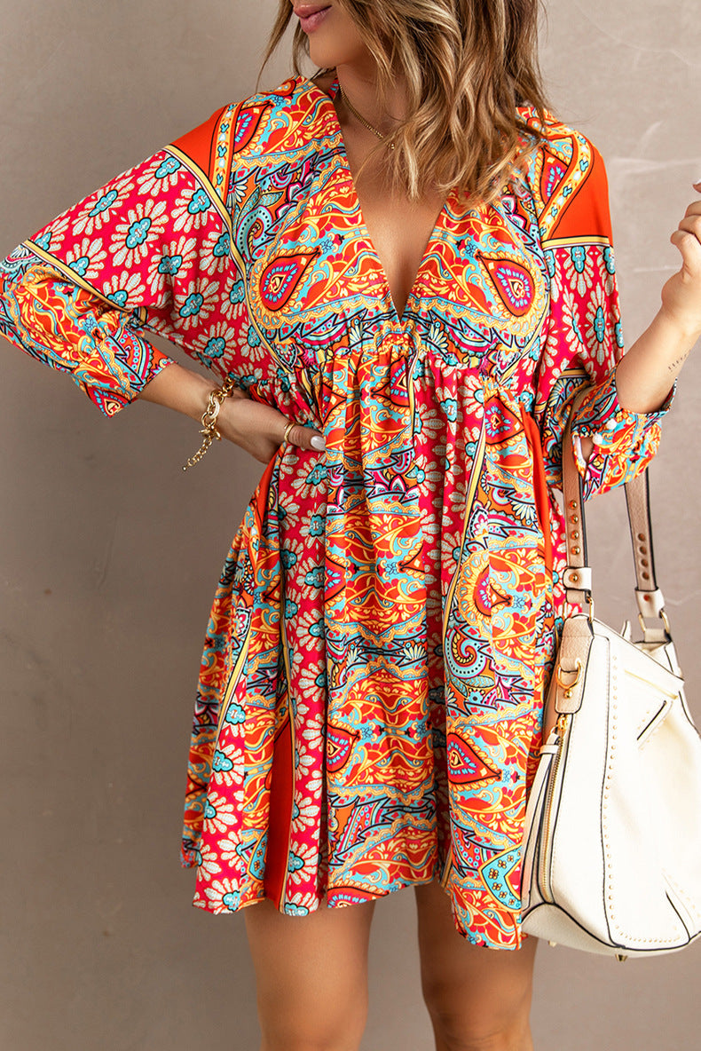 Women Vintage Floral Print v Neck Cut-Out Ruffle Mini Bohemian Boho Dress - 1 XL - Floral Dresses