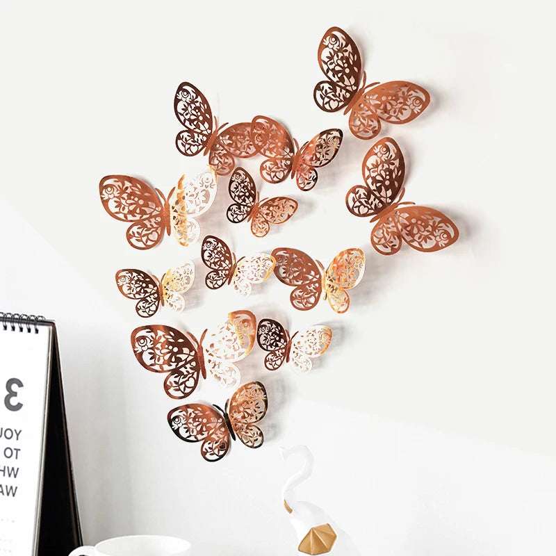 12pcs set 3D Hollow Butterflies Wall Stickers Rose gold