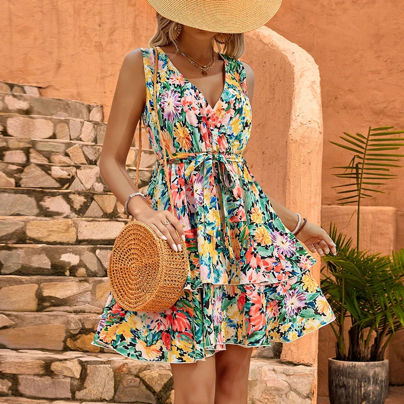 Floral Print Sleeveless V-Neck Collar Ladies Dress Kia Day Design