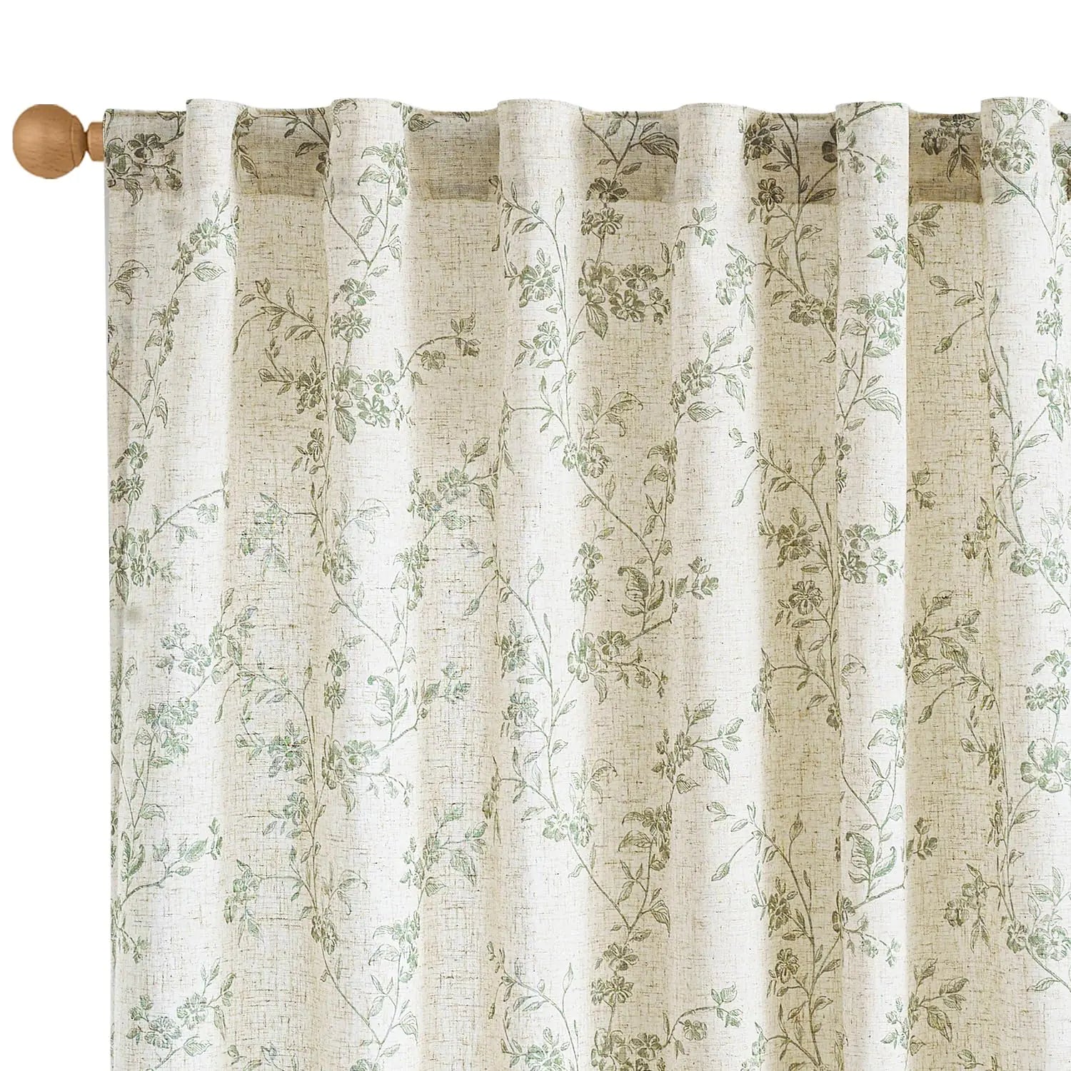 Cream Floral Linen Curtains 2 Panels Rod Pocket - Kia Day Design