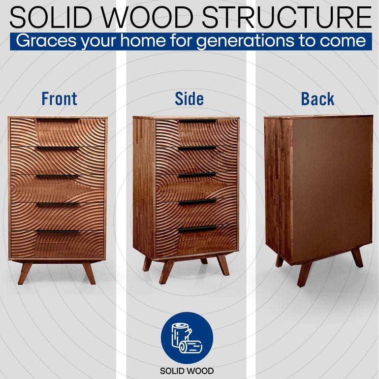 Harmony Solid Wood Dresser with 5 Drawers - - Dresser