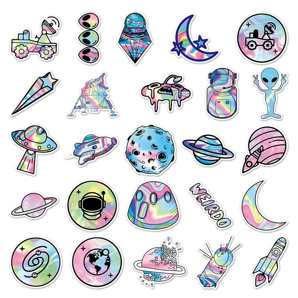 10/30/50pcs Holographic Laser Alien Outer Space Cartoon Stickers DIY Laptop Luggage Skateboard Phone Cool Sticker for Kids Toy- Perfecsy- {{Product type}}