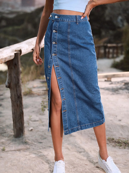 Ladies Split Button Casual Washed Jean Midi Denim Skirt Kia Day Design