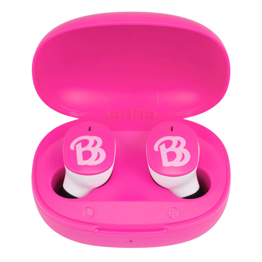 eKids Barbie Wireless Earbuds with Microphone Bluetooth Earbuds with Charging Case for Ear Buds Designed for School Home or Travel Kia Day Design