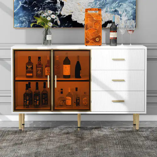 Modern Sideboard, Buffet Cabinet With Marble Sticker Top And Amber Tempered Glass Door With Gold Metal Legs And Handles Kia Day Design