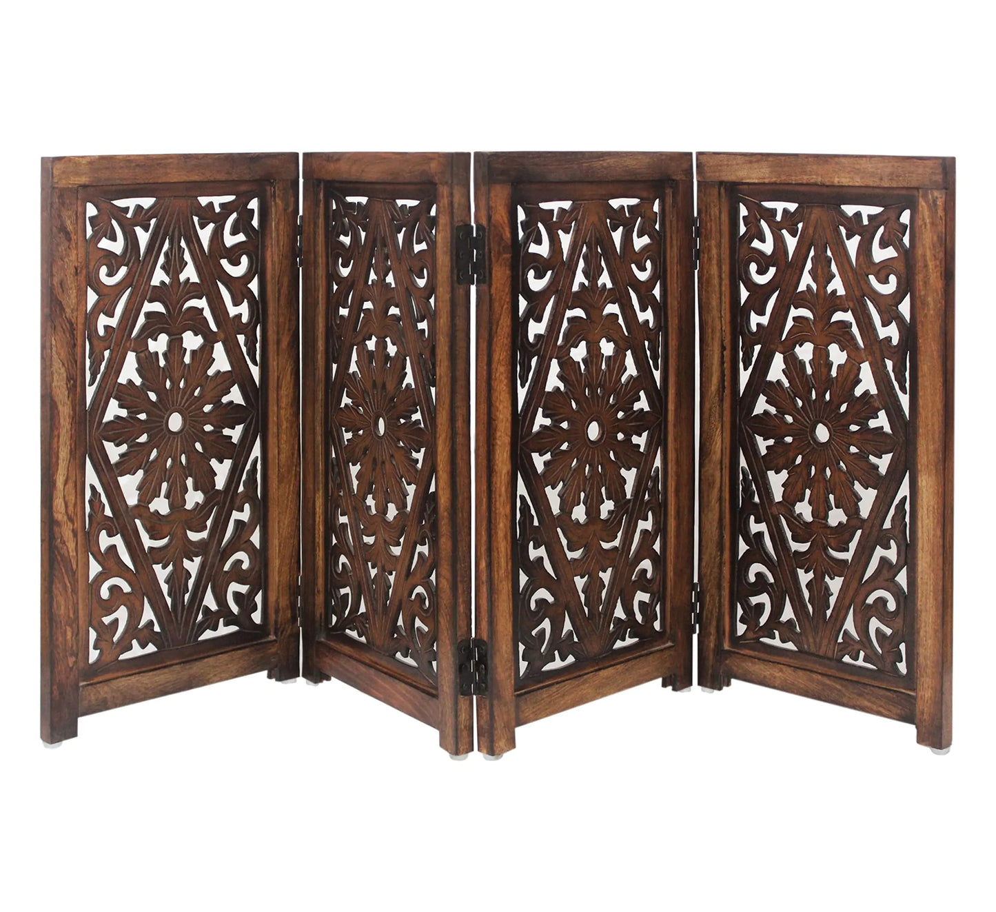 Hand Carved Solid Wood 4 Panel Wood Foldable Dog Safety Gate - Kia Day Design