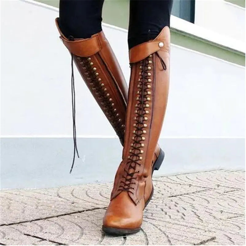 Knee-High Studded Lace-Up Chunky Heeled Boots - - heeled boots