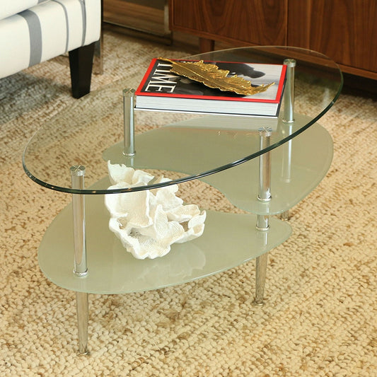 Modern Oval Glass Coffee Table with Chrome Metal Legs - - Living Room > Coffee Tables