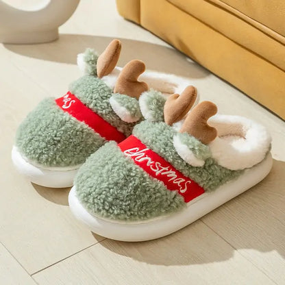 Thick Sole Christmas Deer Slippers Green 6-6.5(CN36-37)