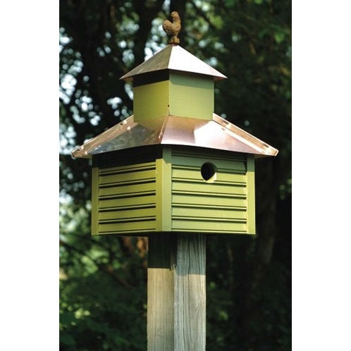 Pinion Green Birdhouse with White Bright Copper Roof and Rooster Top - - Outdoor > Outdoor Decor > Bird Houses