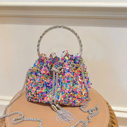 Shiny Chain Tassel Sequins One Shoulder Bucket Bag Kia Day Design