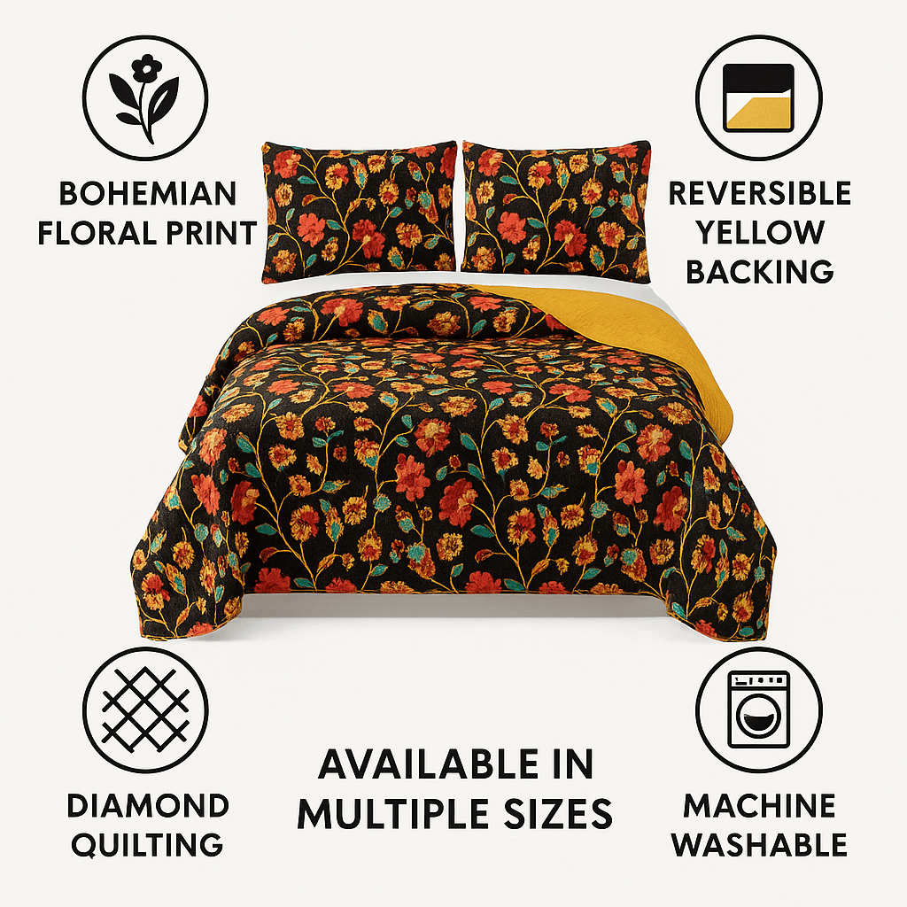 DaDa Bedding Marigold’s Floral Brown Yellow Botanical Garden Quilted Bedspread Set (HS-3330)- DaDalogy Bedding Collection- {{Product type}}