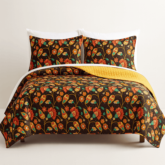 DaDa Bedding Marigold Floral Brown Yellow Botanical Garden Quilted Bedspread Set - - Quilts