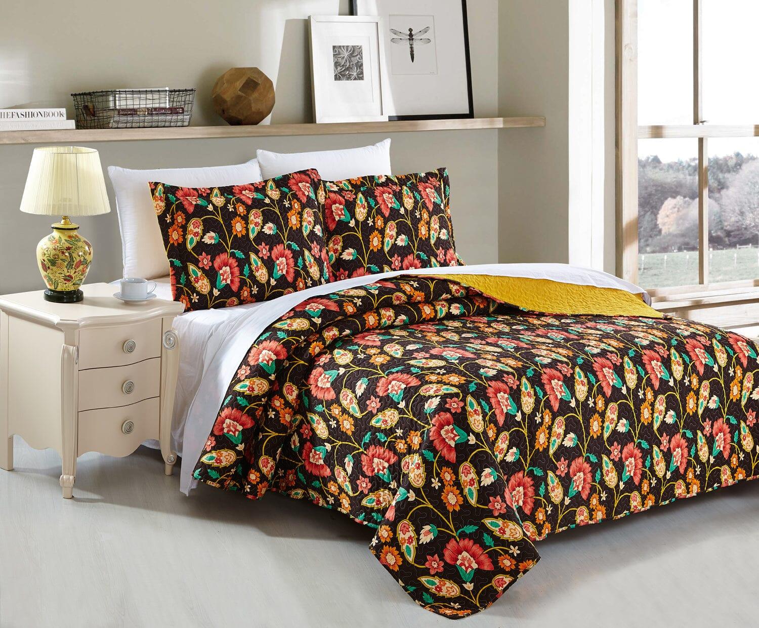 DaDa Bedding Marigold’s Floral Brown Yellow Botanical Garden Quilted Bedspread Set (HS-3330)- DaDalogy Bedding Collection- {{Product type}}