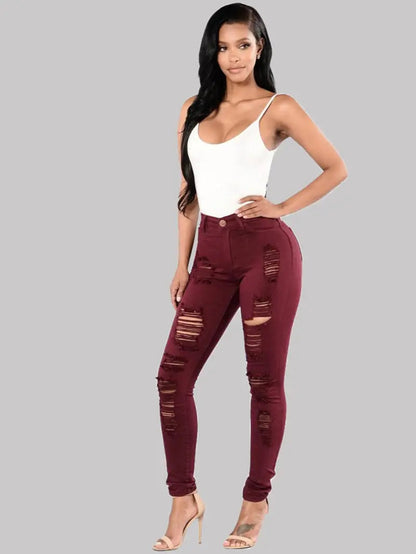 High-Rise Distressed Skinny Jeans in Burgundy & Olive Kia Day Design