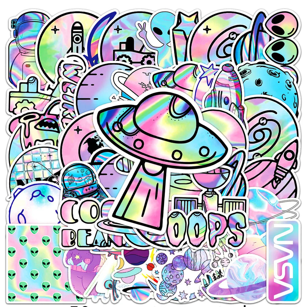 10/30/50pcs Holographic Laser Alien Outer Space Cartoon Stickers DIY Laptop Luggage Skateboard Phone Cool Sticker for Kids Toy- Perfecsy- {{Product type}}