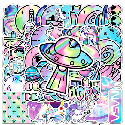 10/30/50pcs Holographic Laser Alien Outer Space Cartoon Stickers DIY Laptop Luggage Skateboard Phone Cool Sticker for Kids Toy- Perfecsy- {{Product type}}