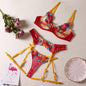 Womens Embroidery Underwire 4 Piece Lingerie Set Red Yellow