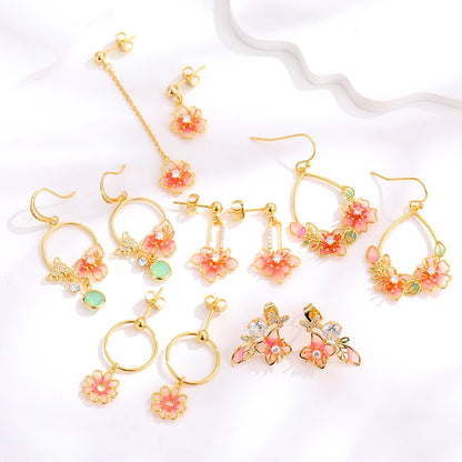 Women Copper Real Gold-Plated Pink Enamel Flower Earrings Kia Day Design