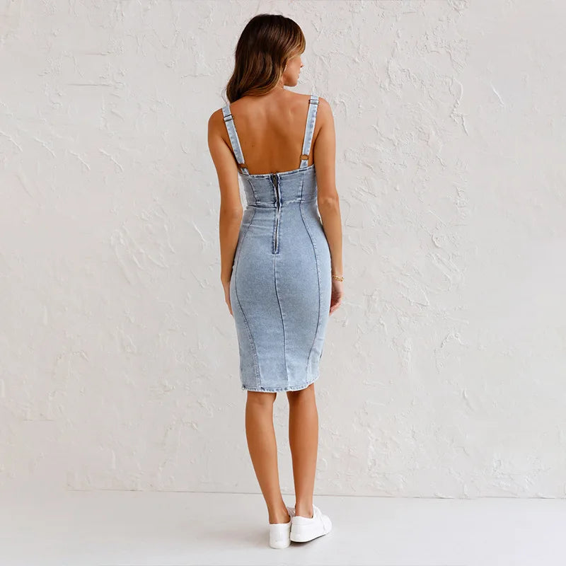 Women Bodycon Jean Dress v Neck Casual Ladies Denim Dress Kia Day Design