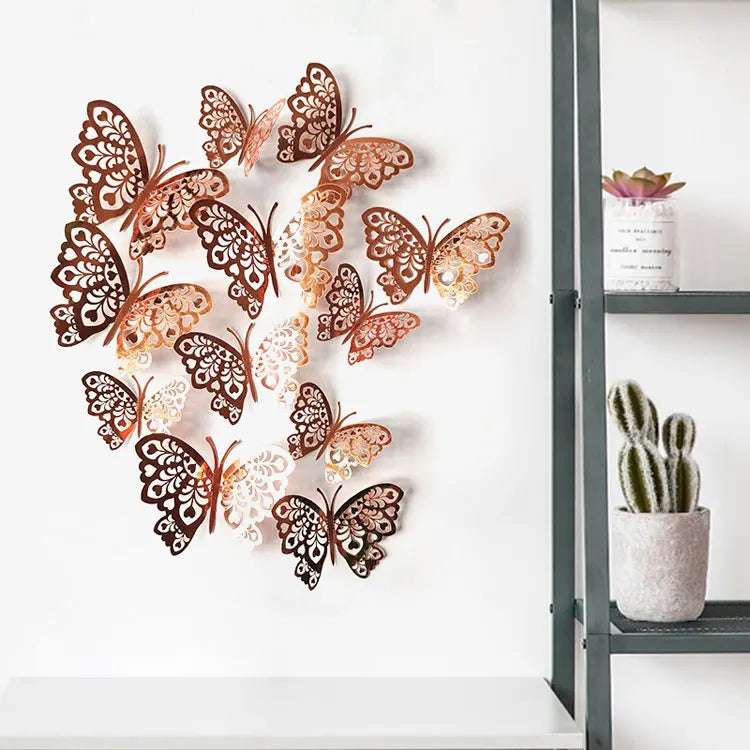 12pcs set 3D Hollow Butterflies Wall Stickers Rose Gold