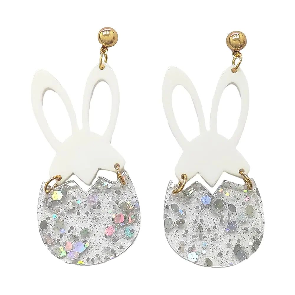 Todu Easter Earrings White Rabbit Drop Earrings Cute Glitter Egg Bunny Dangle Earrings Lightweight Acrylic Earrings For Women Holiday Easter Jewelry (White Rabbit) Kia Day Design