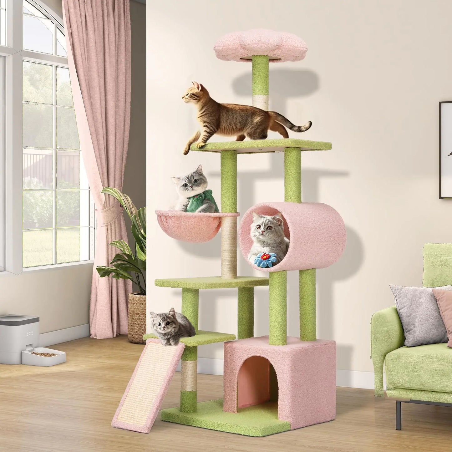 YITAHOME Pink and Green Tall Flower Cat Tree Tower with Detachable Perch - - cat tree