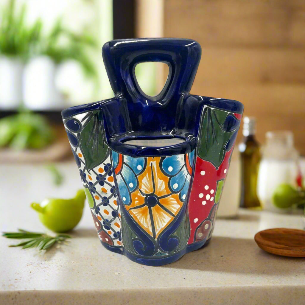 Talavera Utensil Holder Colorful Handmade Mexican Organizer - - Talavera Utensil Holder
