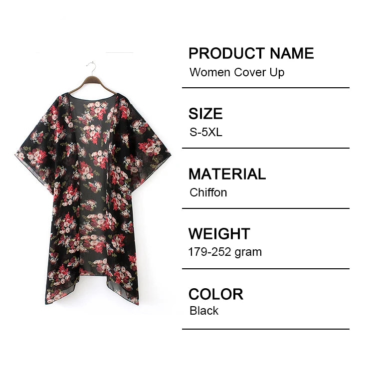 Woman Blouse Floral Print Chiffon Kimono Robe Long Kia Day Design