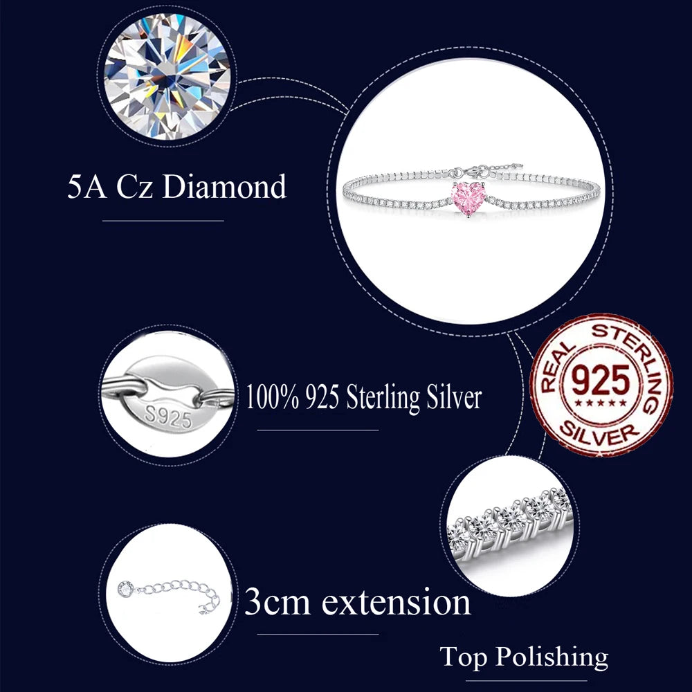 Cubic Zirconia 925 Sterling Silver Pink Love Heart Shaped Charm Bracelet Kia Day Design