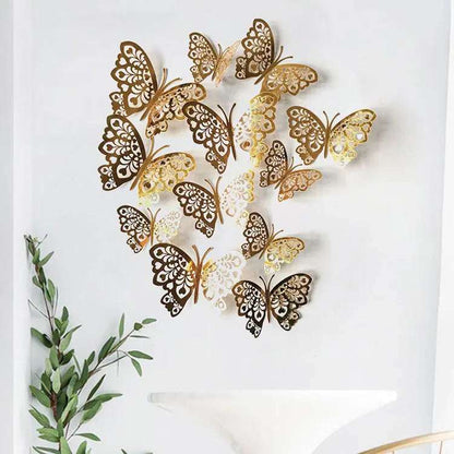 12pcs set 3D Hollow Butterflies Wall Stickers gold